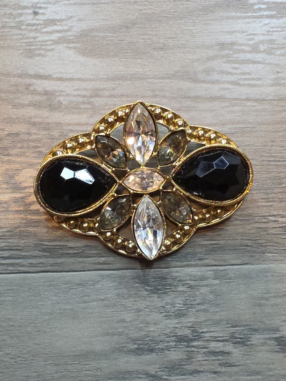 Gold Tone Black And Clear Stone Brooch